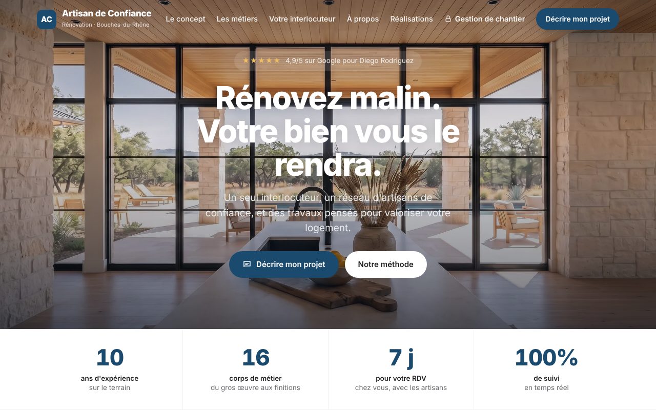 Page d'accueil du site Réseau Artisans de Confiance 13